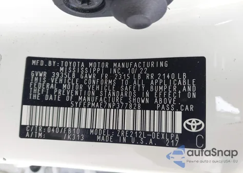 2022 Toyota Corolla Le from USA, damaged, VIN 5YFEPMAE7NP377828
